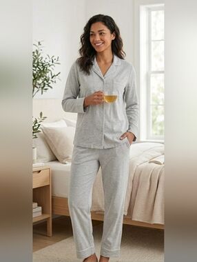 ‼️SAVE $35‼️Little Planet Grey Women's Organic Cotton Button-Front Pajama Set